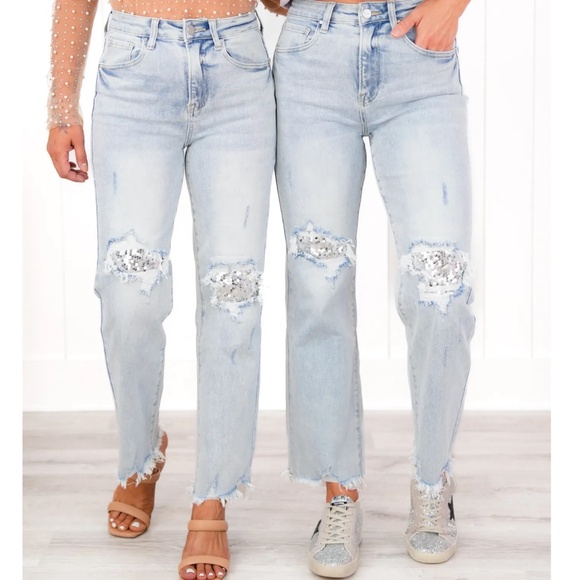 Risen Jeans Denim - Risen High Rise Acid Wash Sequin Knee Patches Relaxed Jeans in Various NWT